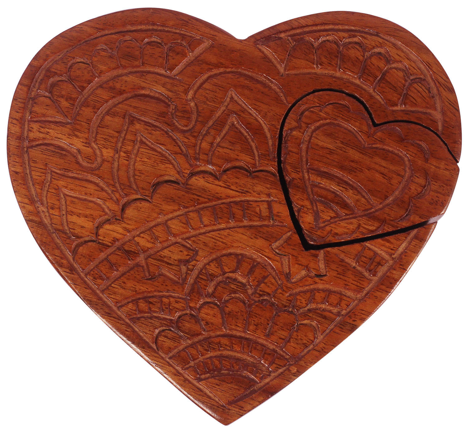 ArtistryBazaar 4.5"WX2"H handmade wooden onlay design on lid natural exotic puzzle box with sliding wooden key and cover inner hidden compartment 