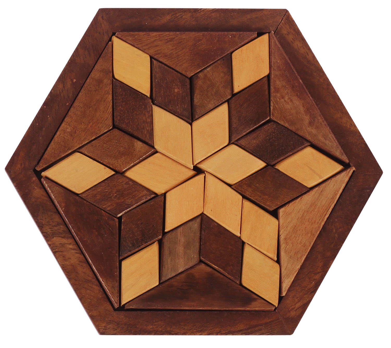 ArtistryBazaar  Handmade wooden brown and beige  Hexagon jigsaw  star puzzle block intelligence brain teaser toy