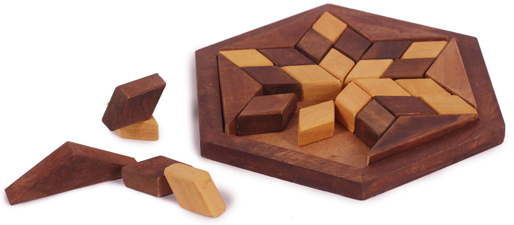 ArtistryBazaar  Handmade wooden brown and beige  Hexagon jigsaw  star puzzle block intelligence brain teaser toy