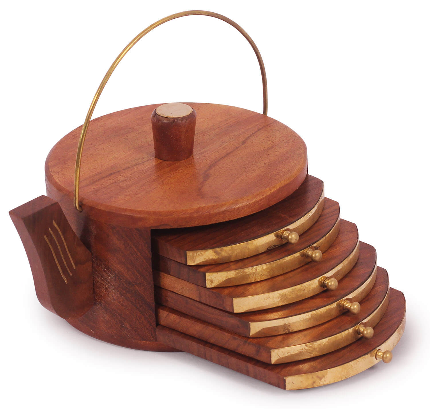 ArtistryBazaar 4"WX2.5"H Handcrafted Wooden Tea Coaster  Set of 6 with Unique Kettle-Shaped Stand - Elegant and Functional Home Décor