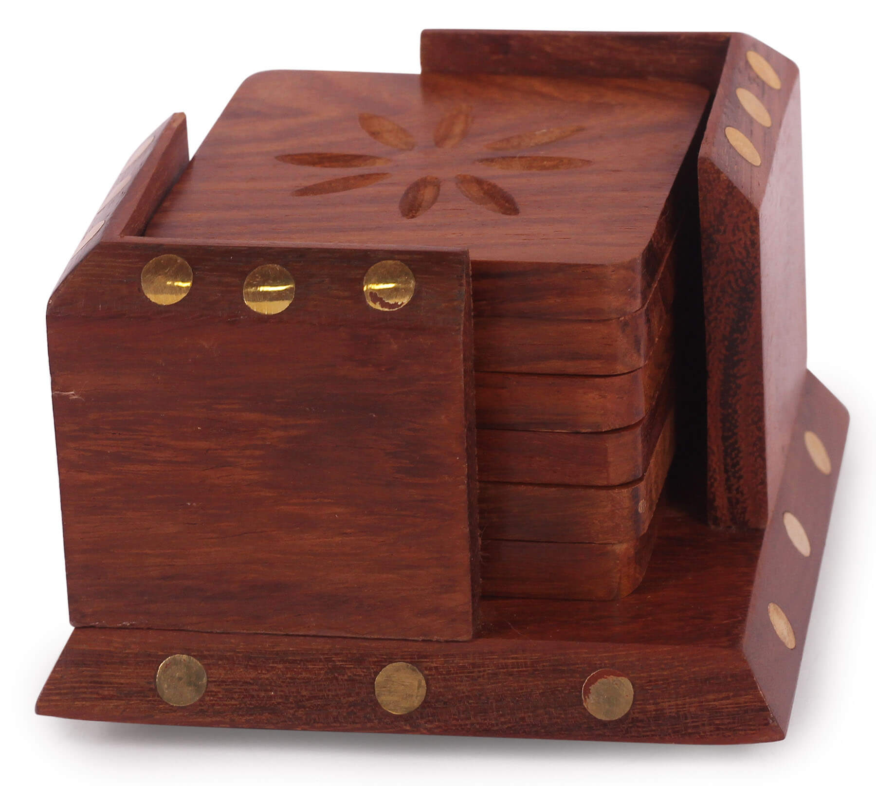 ArtistryBazaar 3.5"WX3"H Wooden Square  Set of 6 with Decorative Holder Tabletop Coasters for Tea Coffee Cups Mugs Beer Cans Bar Glass