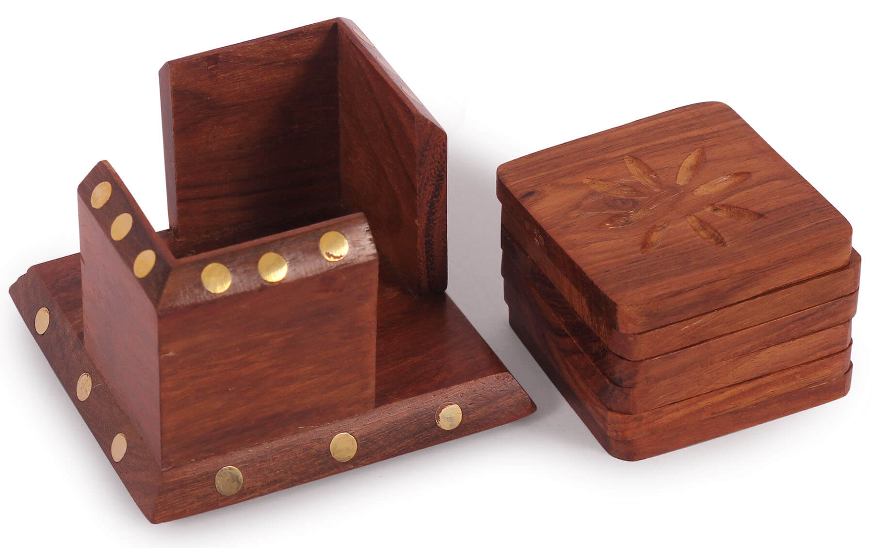 ArtistryBazaar 3.5"WX3"H Wooden Square  Set of 6 with Decorative Holder Tabletop Coasters for Tea Coffee Cups Mugs Beer Cans Bar Glass