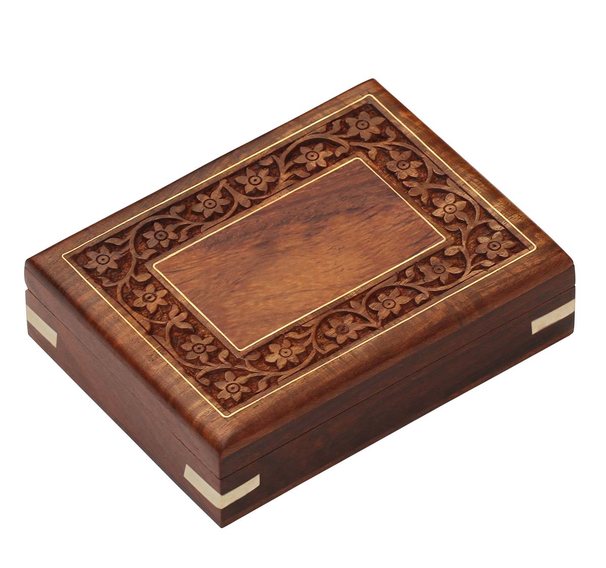 Wholesale 6 x4.4” Wooden Jewelry Box in Bulk - Handmade Rectangular Wood Jewelry Box/Trinket Box/Keepsake Box with Intricate Floral Carving and Brass Inlays from India
