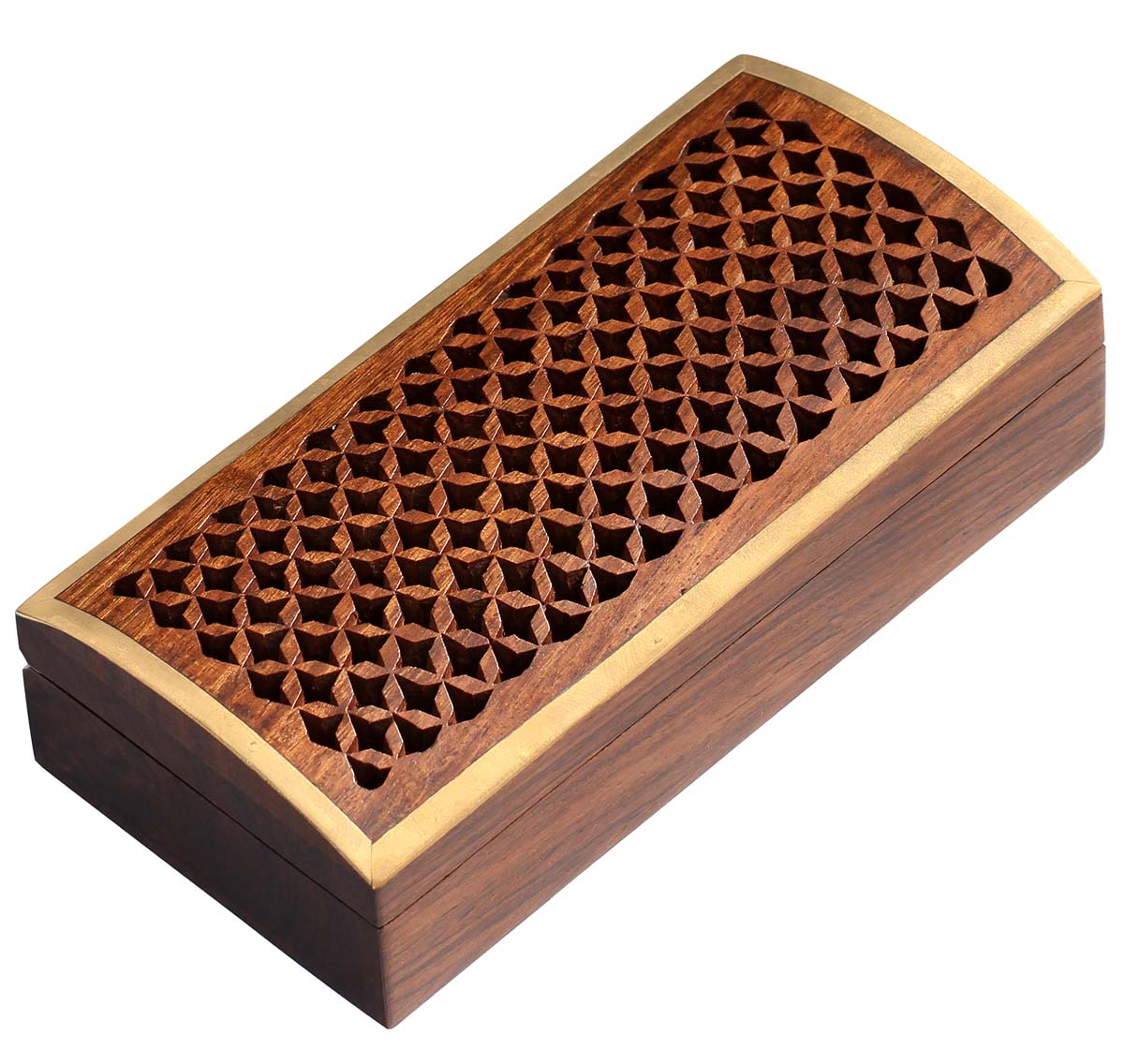 Wholesale 6 x 3” Wooden Jewelry Box in Bulk - Handmade Rectangular Wood Jewelry Box/Trinket Box/Keepsake Box with Jali Work and Brass Inlays from India