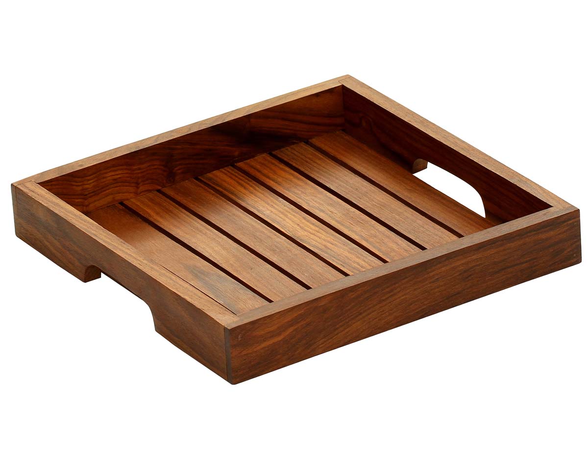 Buy in Bulk Wholesale - Wooden Square Serving Tray Handmade with Lines in Brown 8 Inch Large