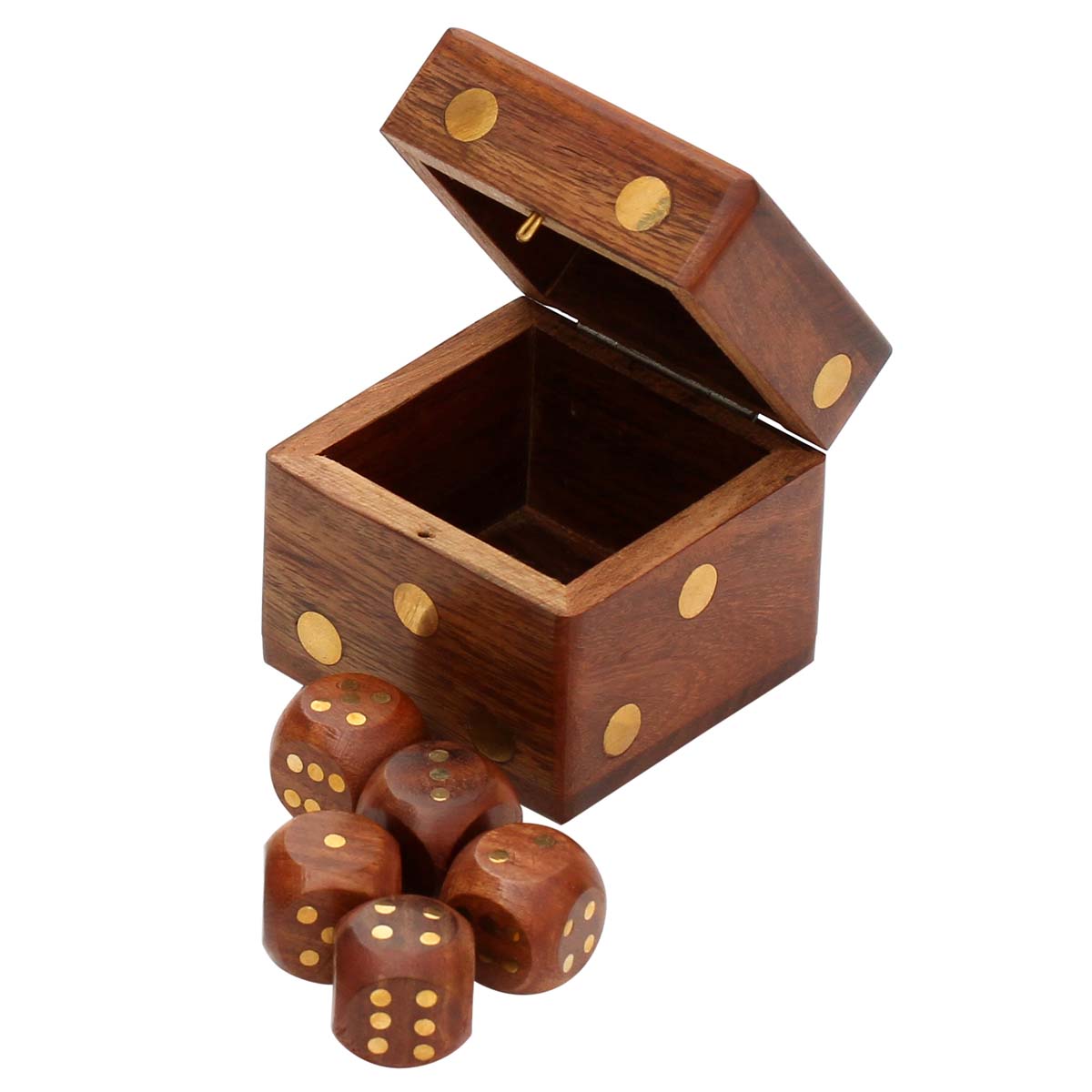 Wholesale Dice Box with 5 Dices - Bulk Buy 2.4” Small Square Dice Shaped Wood Dice Storage Box with Brass Inlay & 5 Wooden Dices from India