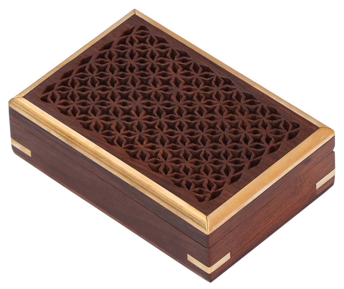 Wholesale 6 x 4” Wooden Jewelry Box in Bulk - Handmade Rectangular Wood Jewelry Box/Trinket Box/Keepsake Box with Jali Work and Brass Inlays from India