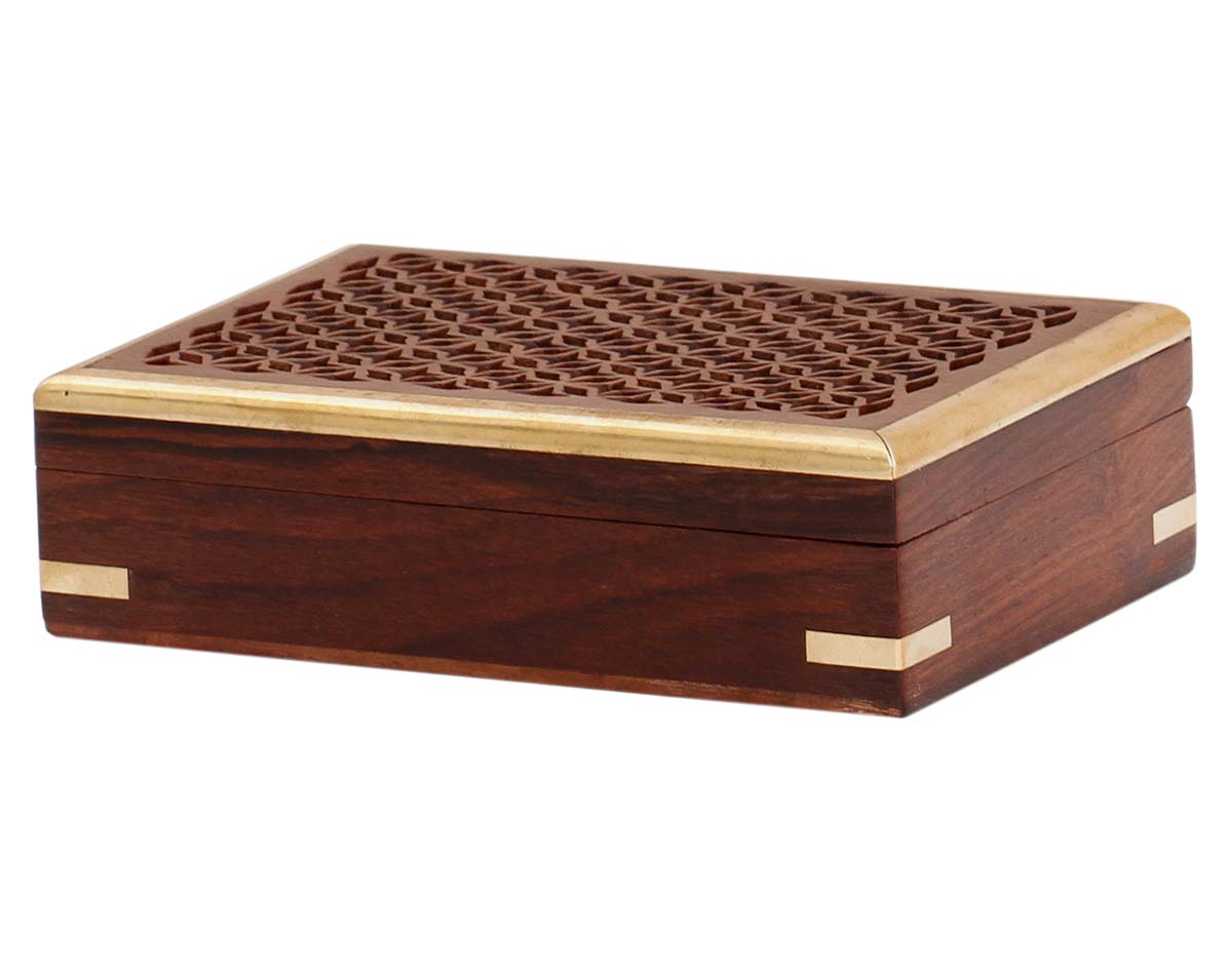 Wholesale 6 x 4” Wooden Jewelry Box in Bulk - Handmade Rectangular Wood Jewelry Box/Trinket Box/Keepsake Box with Jali Work and Brass Inlays from India