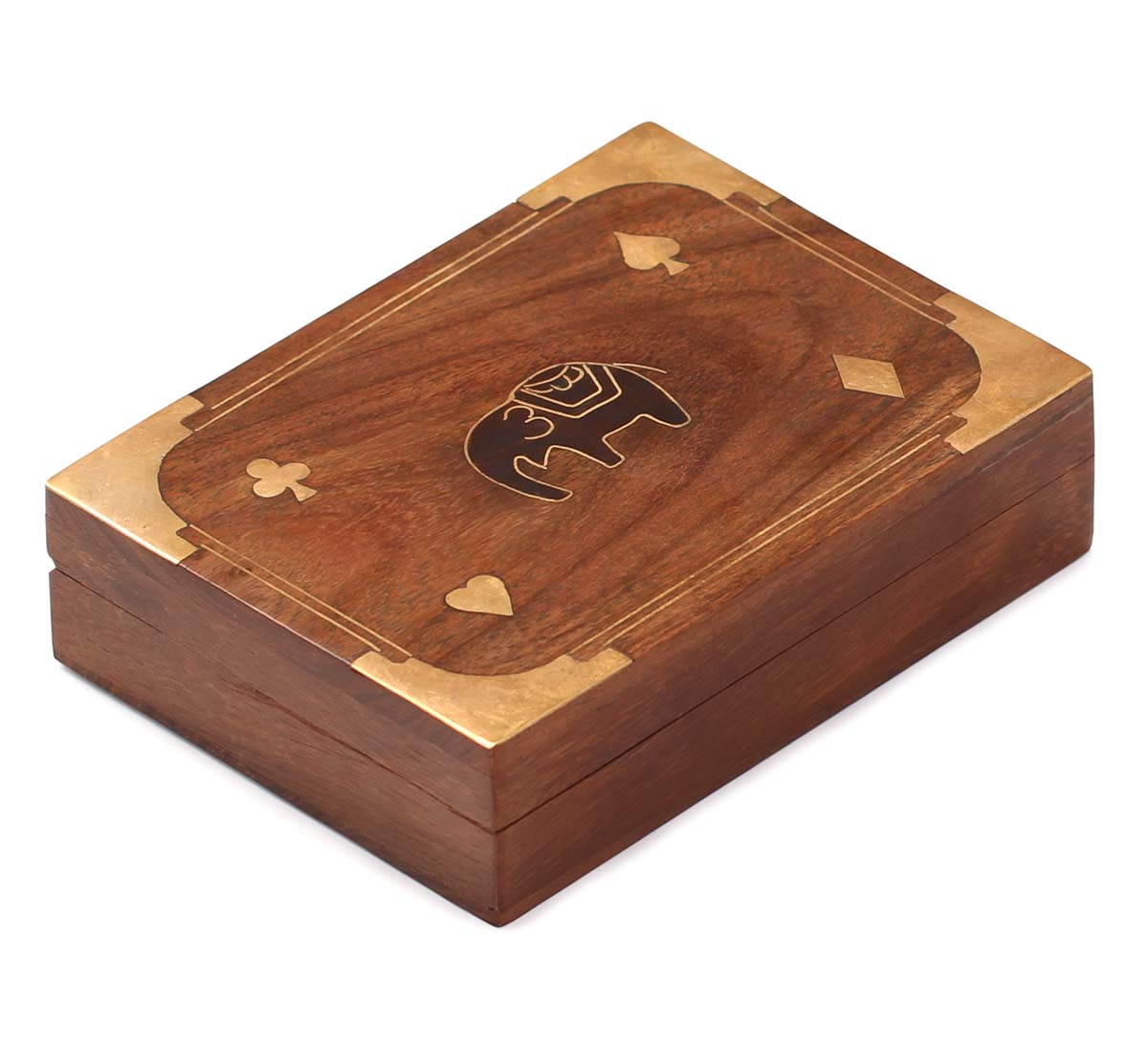 Bulk Wholesale Handmade 6” Wooden Double Deck Playing Card Holder/Box with Decorative Brass Inlays & Elephant Motif