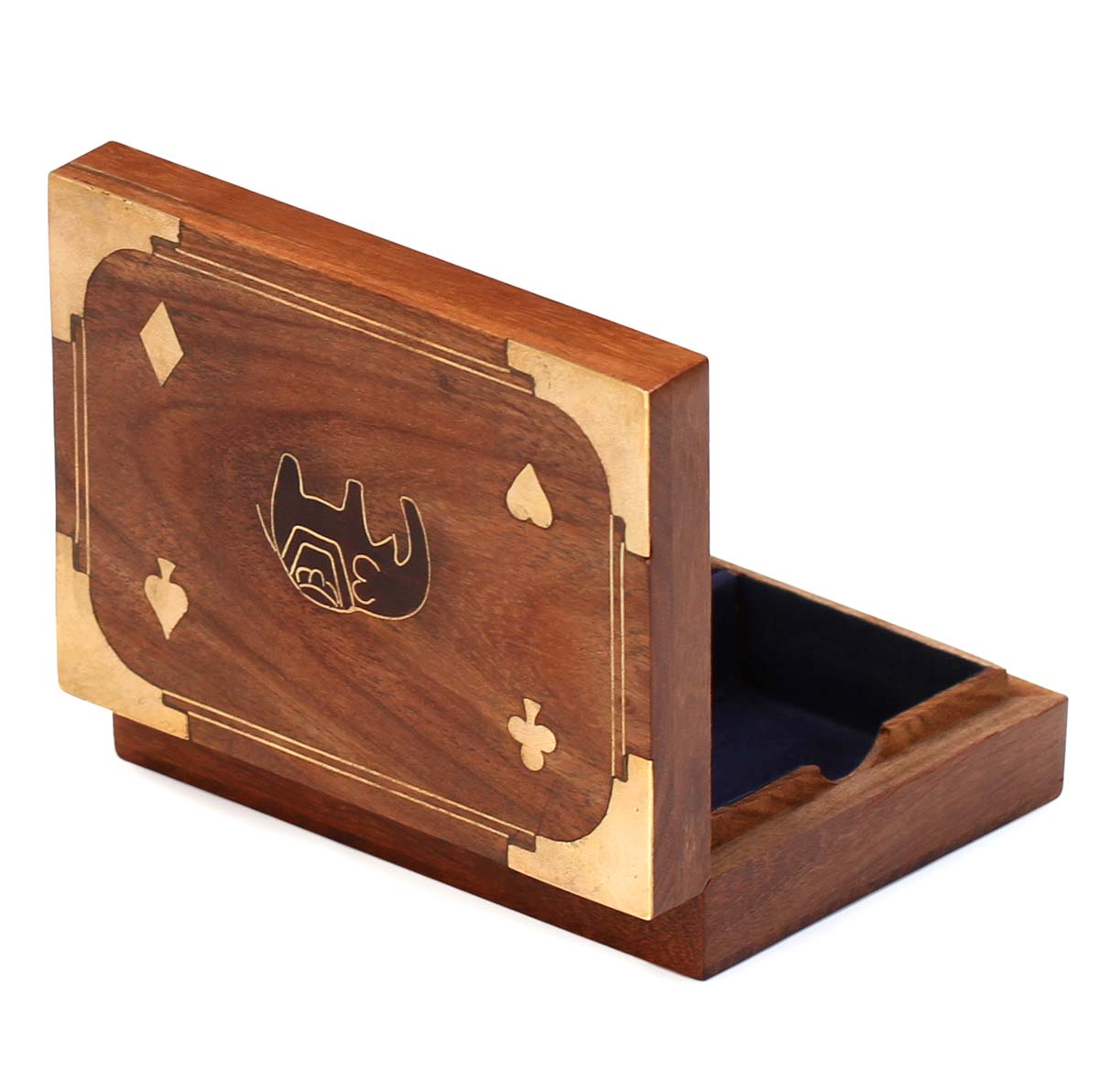 Bulk Wholesale Handmade 6” Wooden Double Deck Playing Card Holder/Box with Decorative Brass Inlays & Elephant Motif