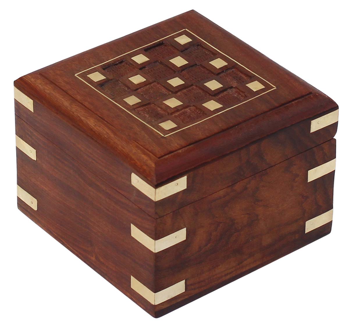 Wholesale Wooden Vintage Look Square Jewelry Box in Bulk - Handmade Checkered & Brass Inlay Wood Jewelry Box/Trinket Box/Keepsake Box - Antique-Look Accessory Holders/Boxes from India