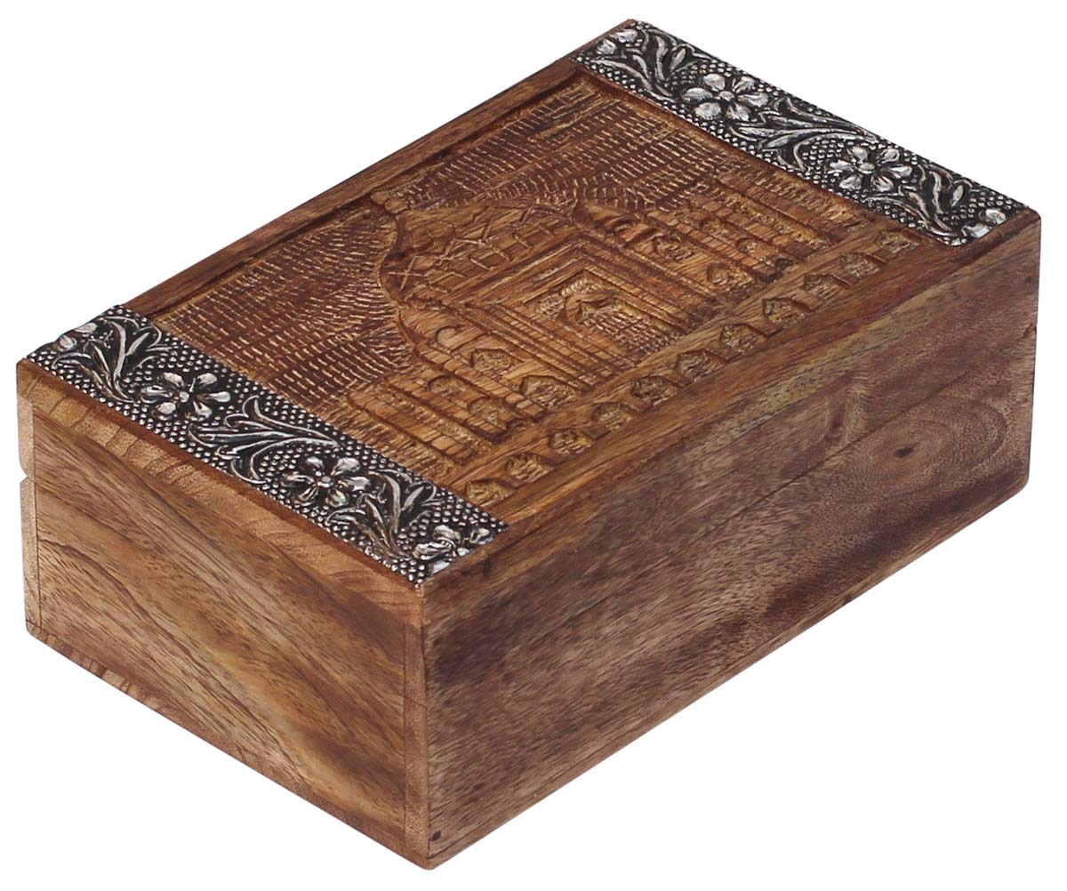 Wholesale 7.8 x 5” Wooden Jewelry Box - Rectangular Shaped Decorative Trinket Box - Hand-Carved Taj Mahal Motif & Embossed Metal Sheet on the Lid - Bulk Buy Dresser Accessories from India