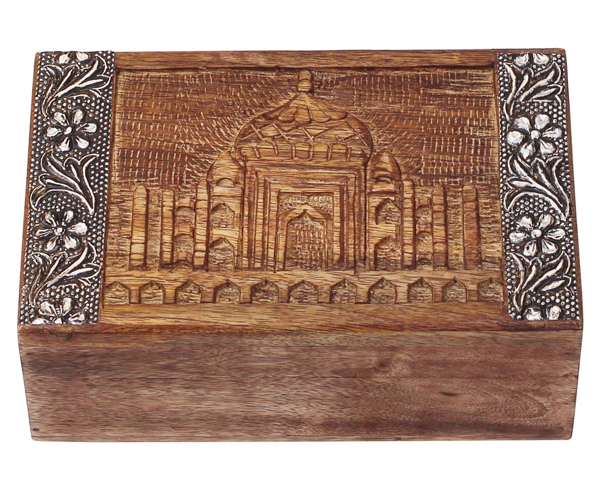 Wholesale 7.8 x 5” Wooden Jewelry Box - Rectangular Shaped Decorative Trinket Box - Hand-Carved Taj Mahal Motif & Embossed Metal Sheet on the Lid - Bulk Buy Dresser Accessories from India