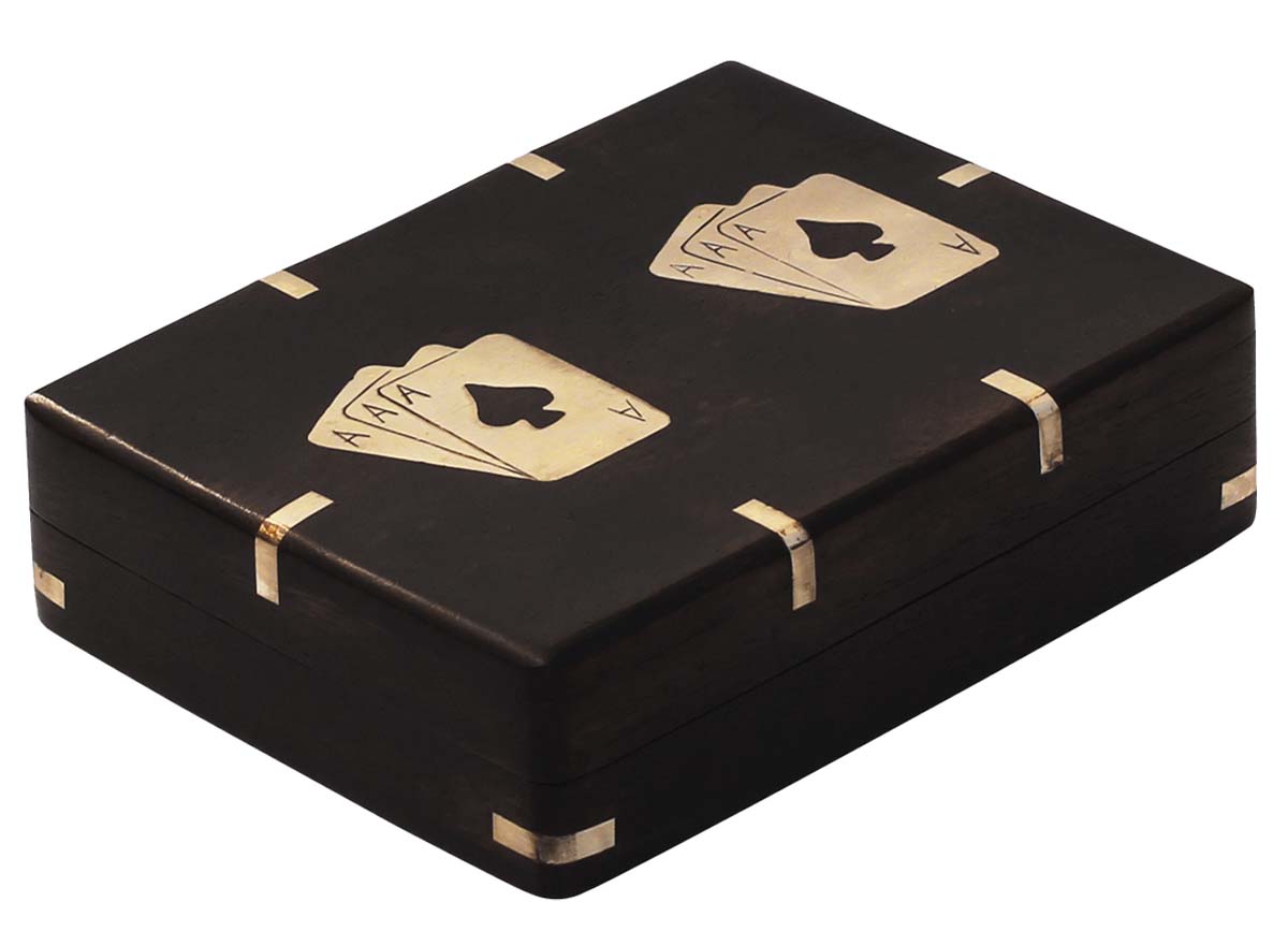 Wholesale Black Wooden Cards Box - Bulk Buy Playing Cards Storage Box with 2 Slots for Cards - Black & Golden Brass Inlay with Card Motifs