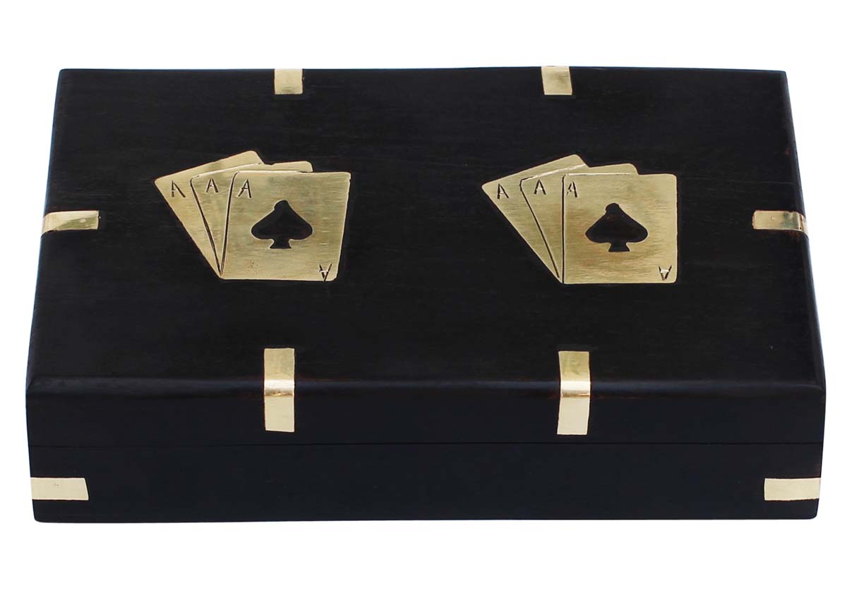 Wholesale Black Wooden Cards Box - Bulk Buy Playing Cards Storage Box with 2 Slots for Cards - Black & Golden Brass Inlay with Card Motifs