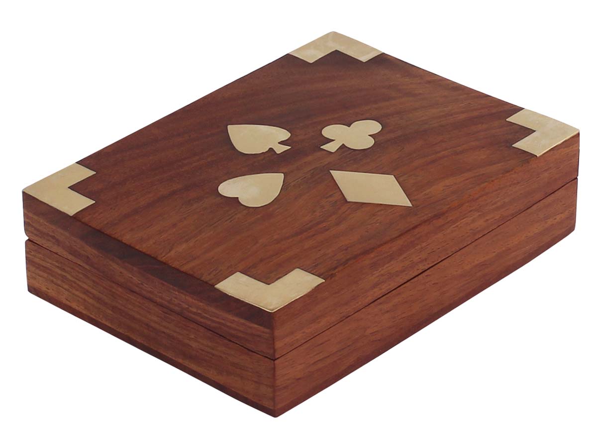 Wholesale Hand Carved Wooden Playing Card Box with Twin Compartments & Brass Decorations of Playing Card Motifs - Wooden Toys & Games from India