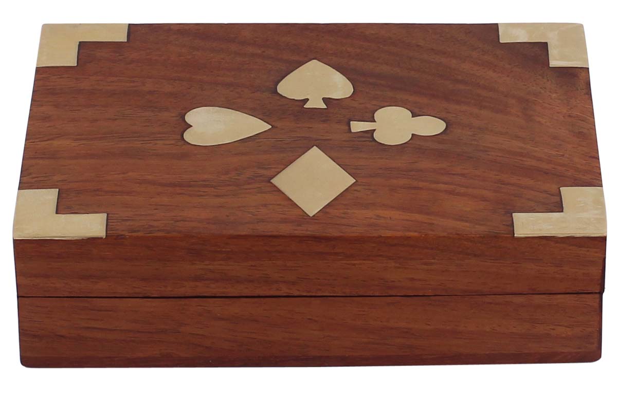 Wholesale Hand Carved Wooden Playing Card Box with Twin Compartments & Brass Decorations of Playing Card Motifs - Wooden Toys & Games from India