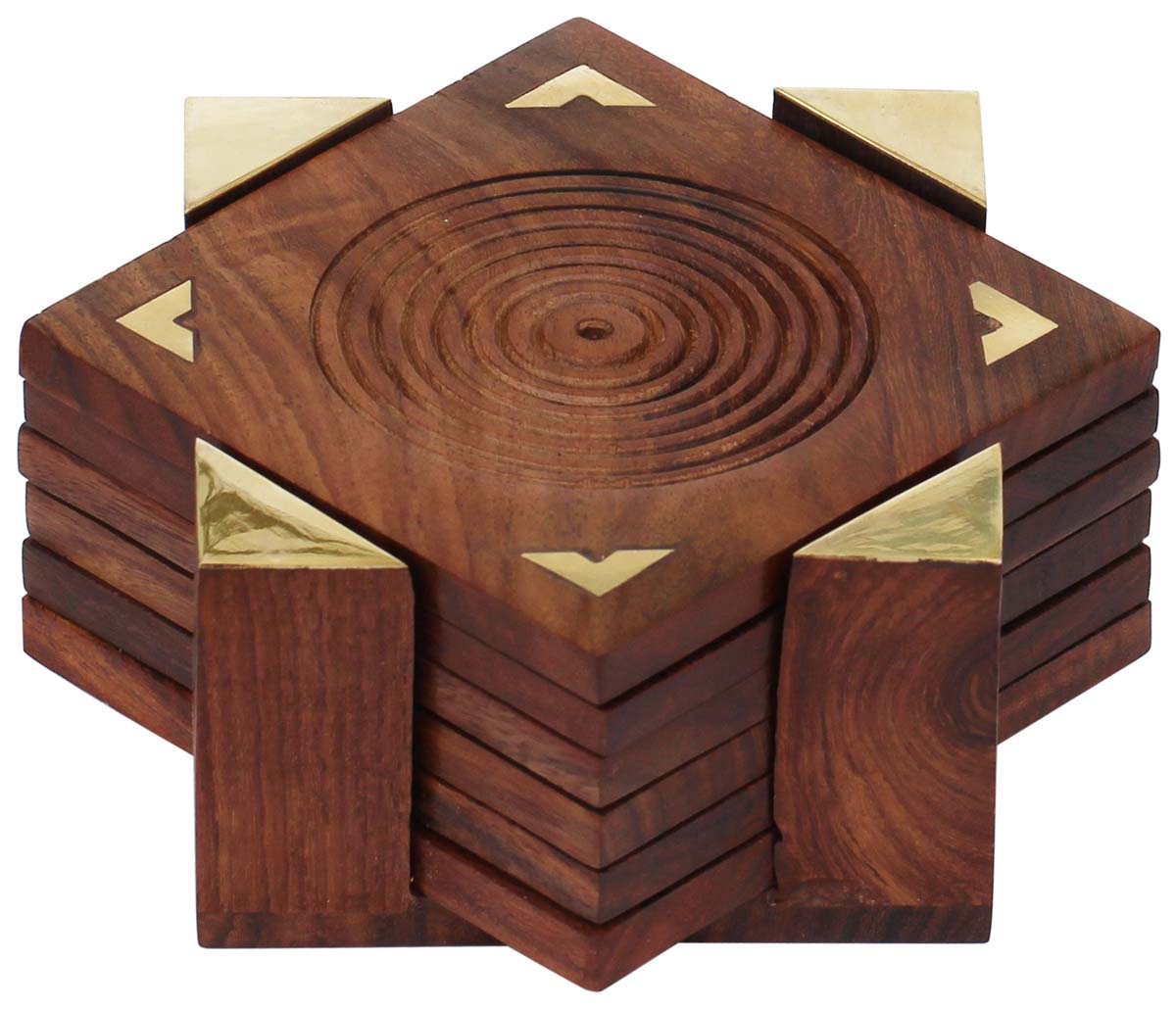 Bulk Wholesale Handmade Drink Coasters Set - Squares-In-Square Rustic Wooden Set of 6 Coasters & Holder - Brass Inlay - Bar/Dining Accessories