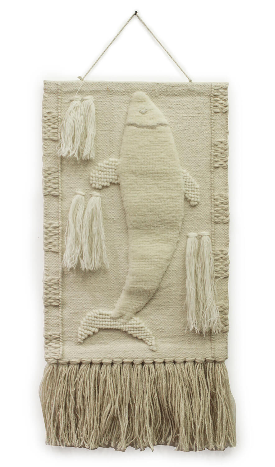 ArtistryBazaar Creame Color Handmade Modern Fish Wall Hanging Made From Wool and Jute, For Home Décor