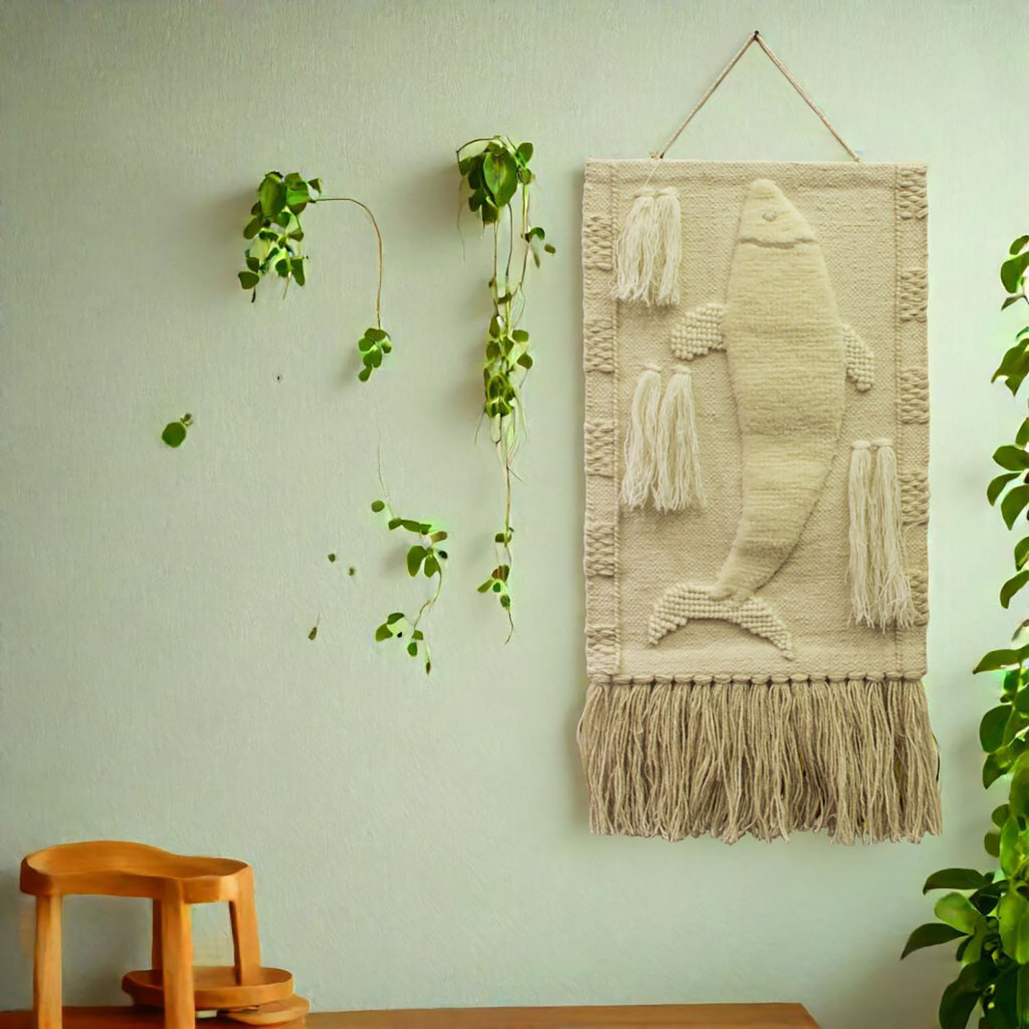 ArtistryBazaar Creame Color Handmade Modern Fish Wall Hanging Made From Wool and Jute, For Home Décor
