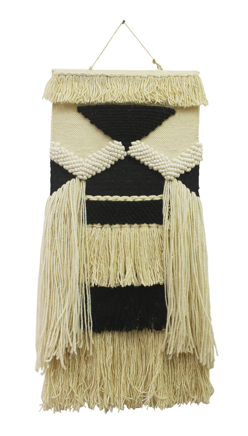 ArtistryBazaar Hand Woven Bohemian Inspired Modern Wall Hanging Art , Large Tassels, Beige & Black