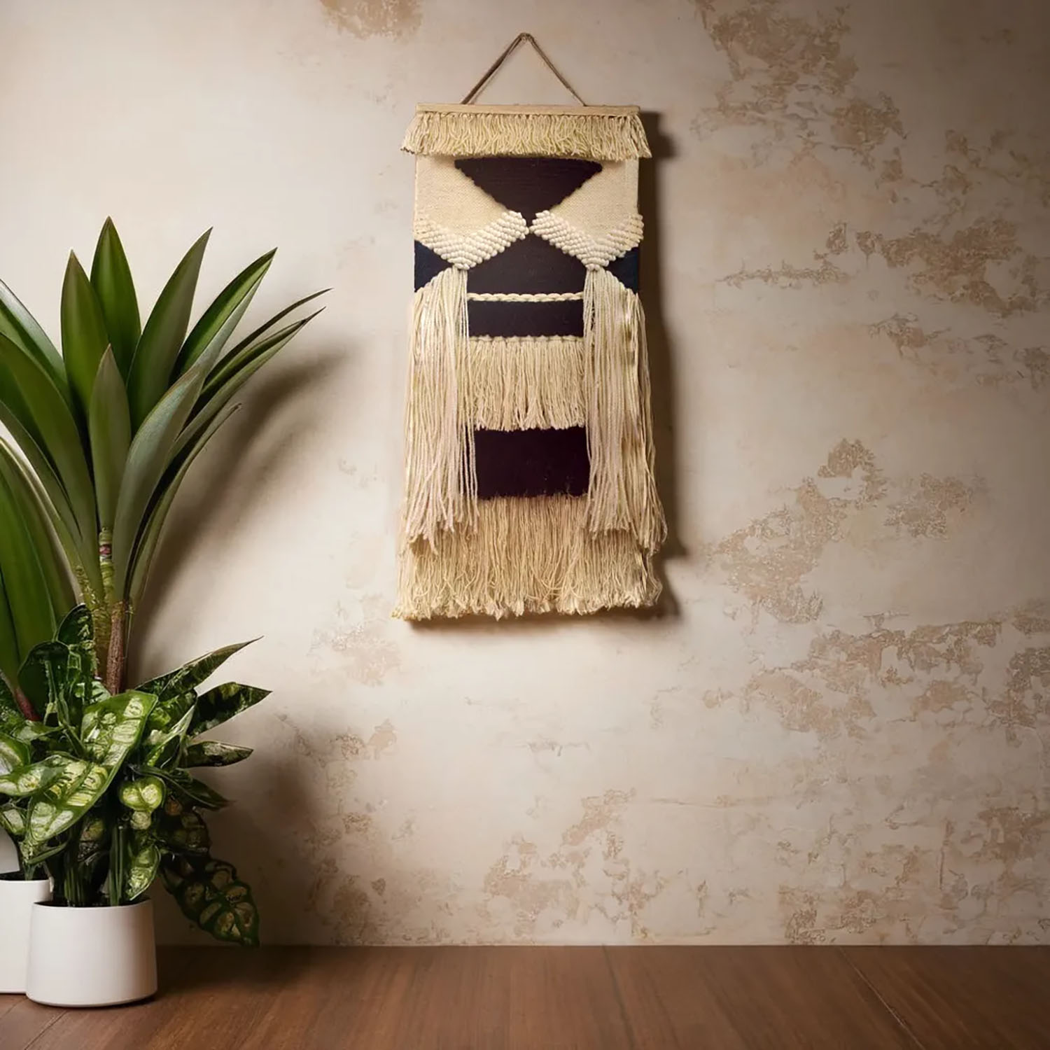 ArtistryBazaar Hand Woven Bohemian Inspired Modern Wall Hanging Art , Large Tassels, Beige & Black