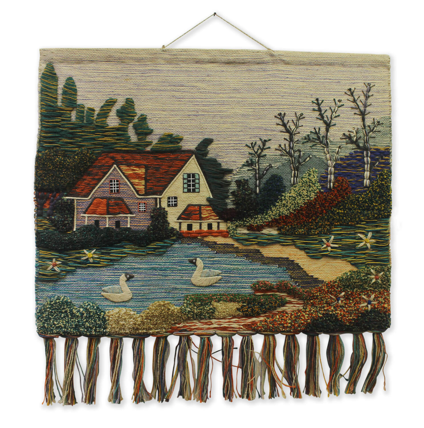 ArtistryBazaar Hand Woven Landscape Woolen Wall Hanging for Home Décor with Multicolor Tassels, Nature inspired Wall Hanging
