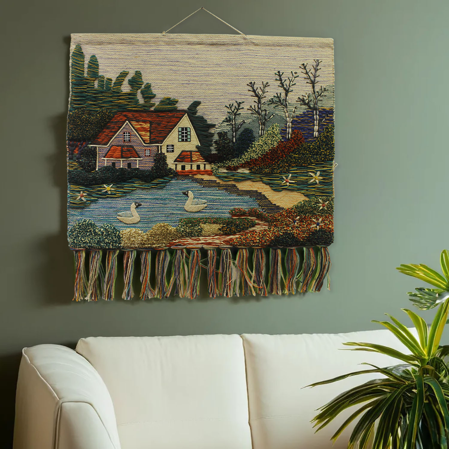 ArtistryBazaar Hand Woven Landscape Woolen Wall Hanging for Home Décor with Multicolor Tassels, Nature inspired Wall Hanging
