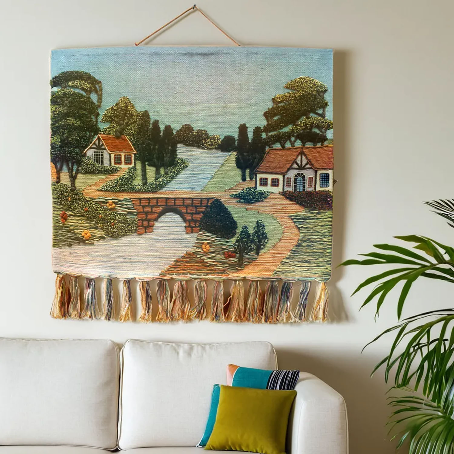 ArtistryBazaar Vintage Style Hand Woven Jute Multicolor Landscape Wall Hanging for Home Décor With Tassels