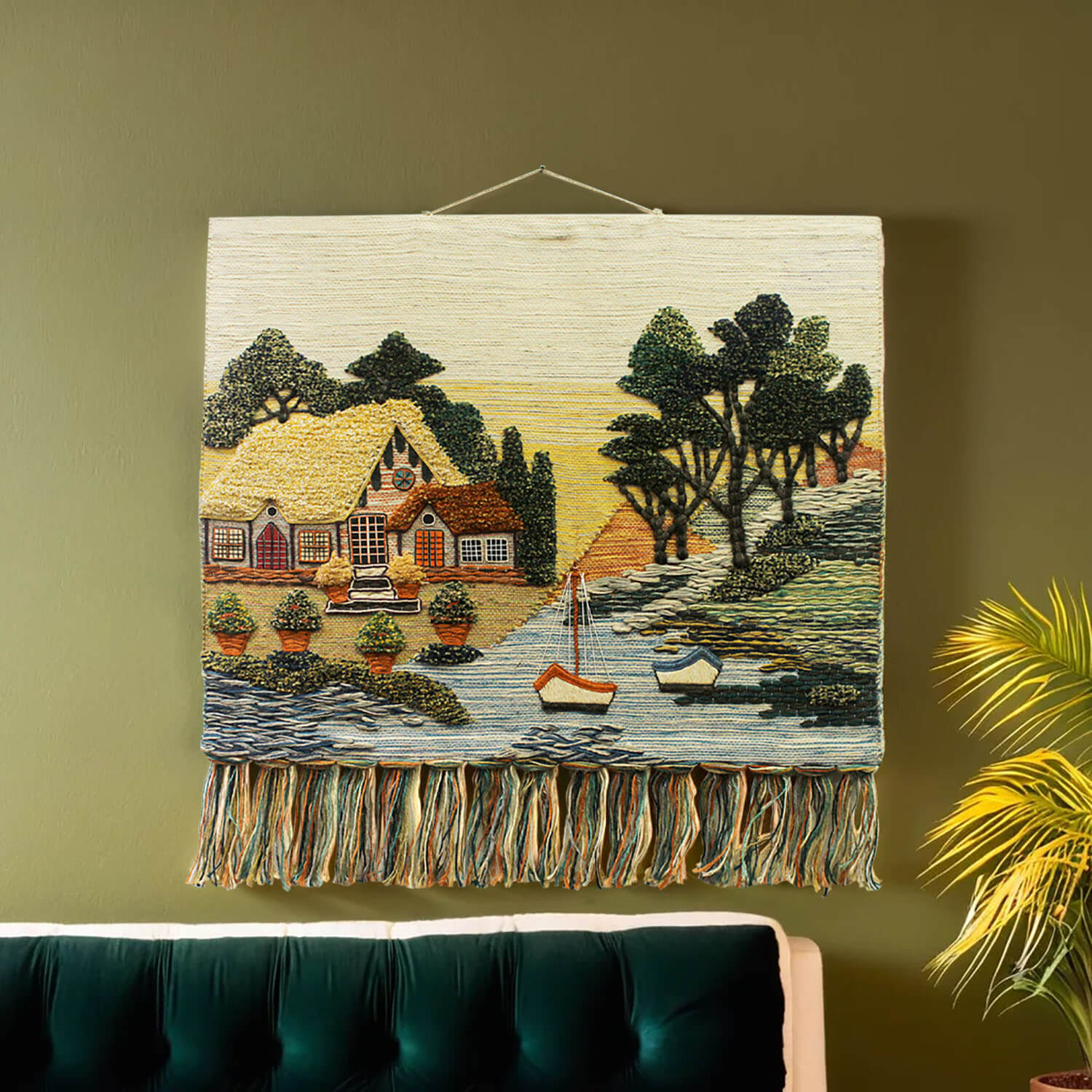ArtistryBazaar Vintage Style Hand Woven Landscape Wall Hanging for Home Décor with Multicolor Tassels