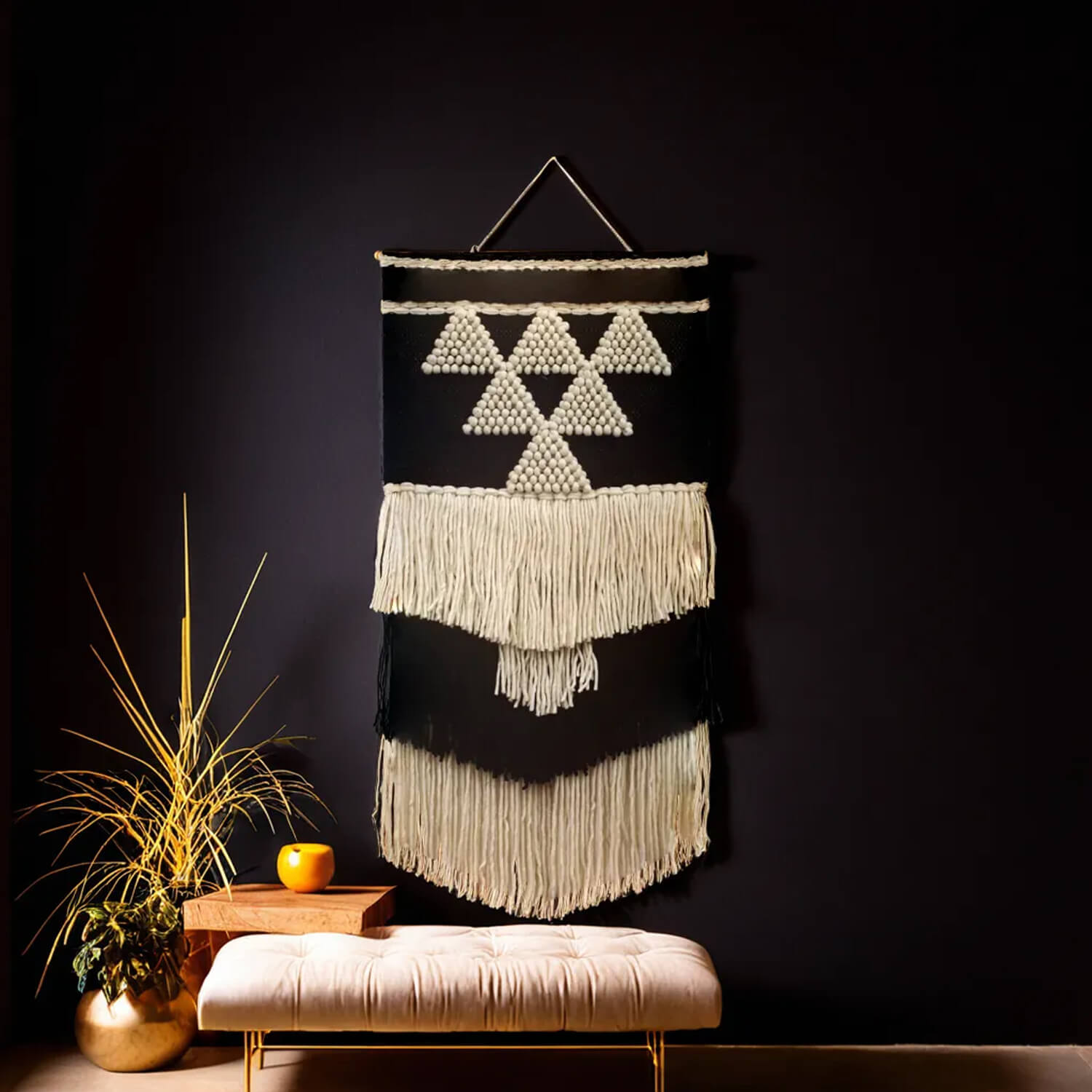 ArtistryBazaar Textured black & white wall hanging   with tassels