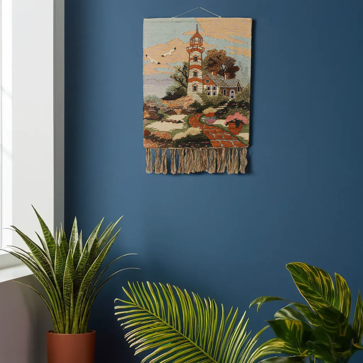 ArtistryBazaar Hand woven Coastal look wall hanging  home décor, Tassels, Lighthouse,Multicolored, Nature Inspired Décor
