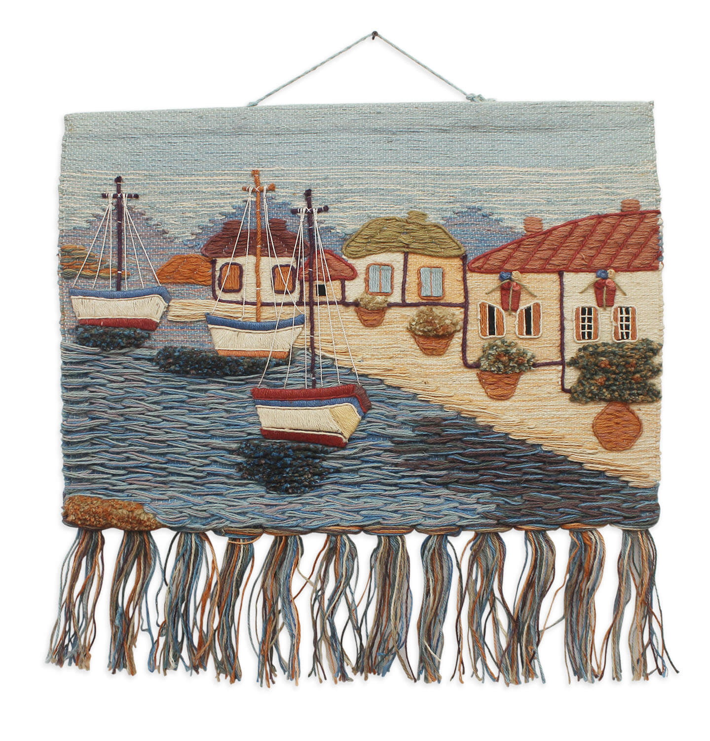ArtistryBazaar Hand woven Harbor Scene Jute wall hanging  home décor, Tassels, Multicolored,  Nature Inspired Décor,Coastal décor,Boats,