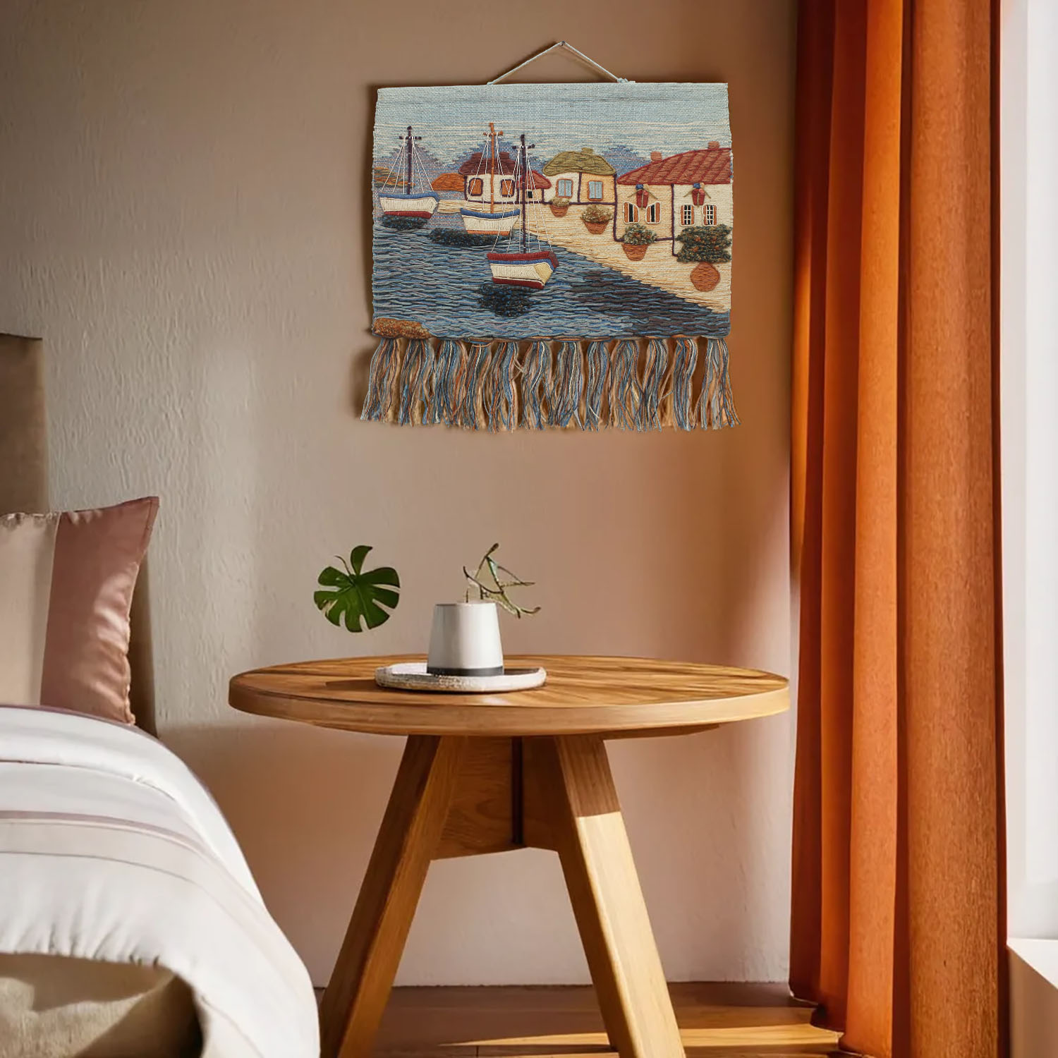 ArtistryBazaar Hand woven Harbor Scene Jute wall hanging  home décor, Tassels, Multicolored,  Nature Inspired Décor,Coastal décor,Boats,
