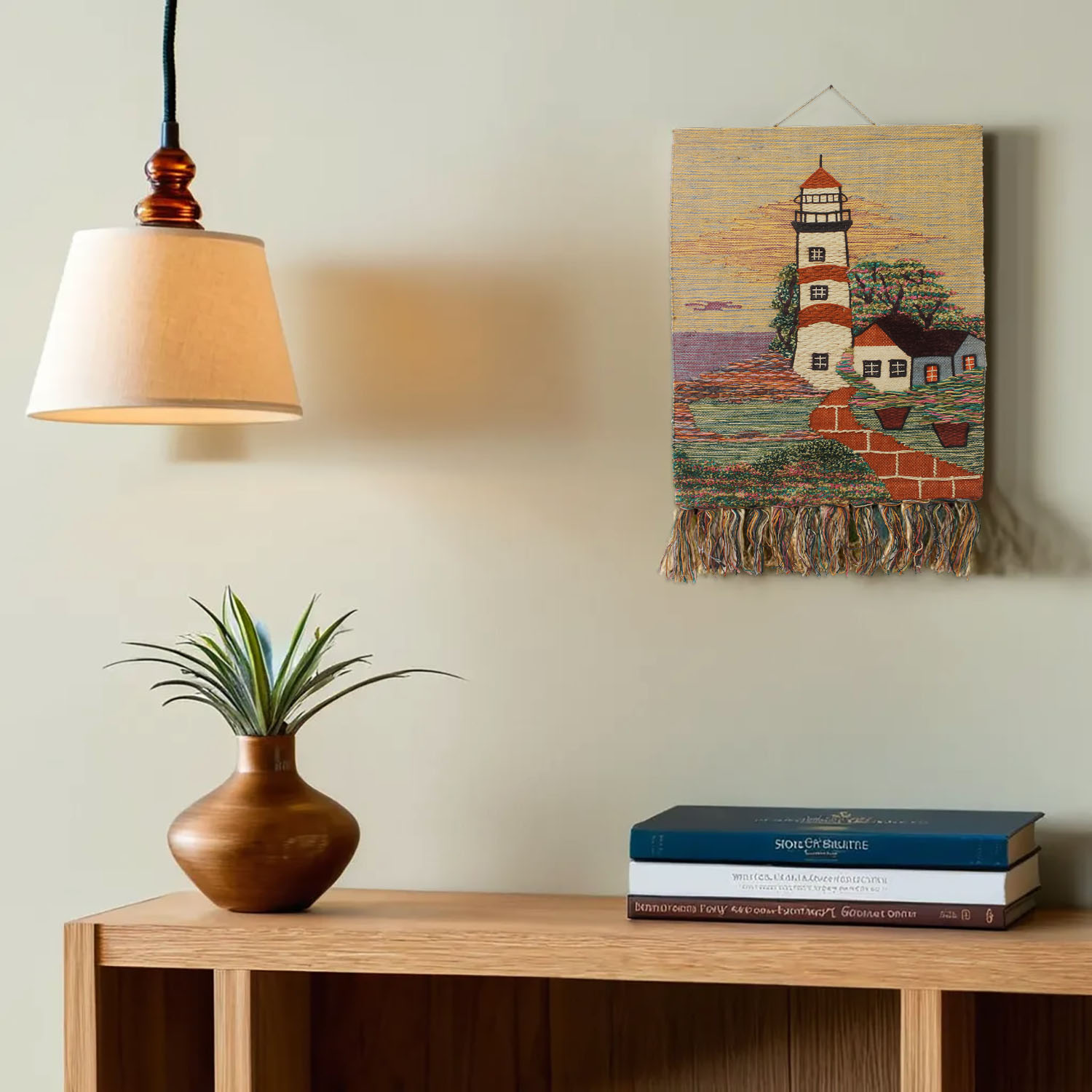 ArtistryBazaar Hand Woven Coastal Look Jute Wall Hanging home décor, Tassels, Lighthouse,Multicolored, Nature Inspired Décor