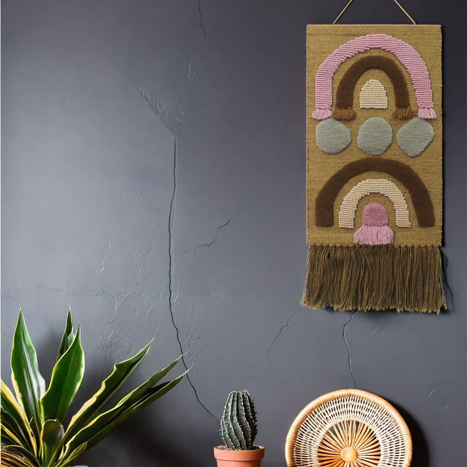 ArtistryBazaar Multicolored Textured Jute and Wool Mix Handmade Wall Hanging Office and Home Décor with tassels
