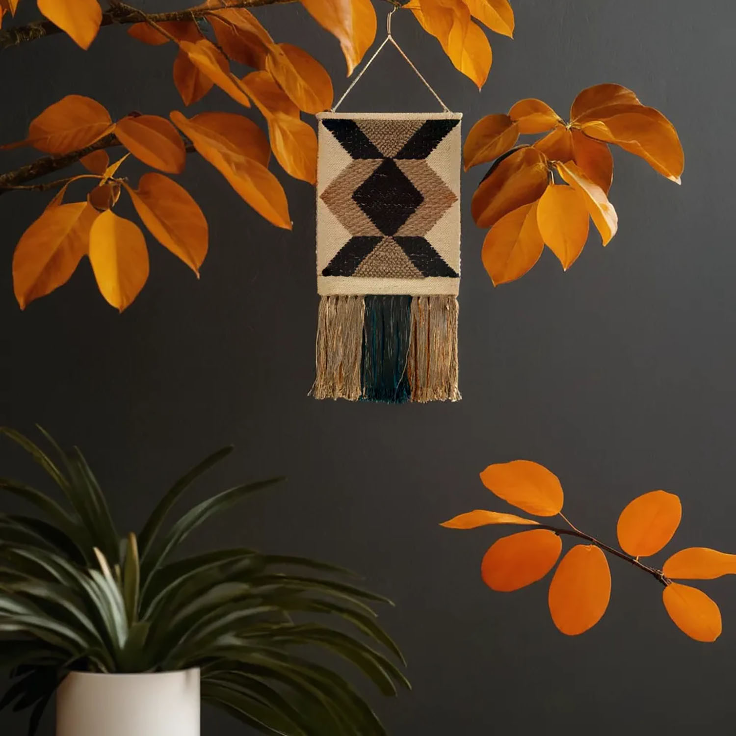 ArtistryBazaar Handwoven Bohemian Wall Hanging , Décor in Black Neutral Triangle Design with large Tassels