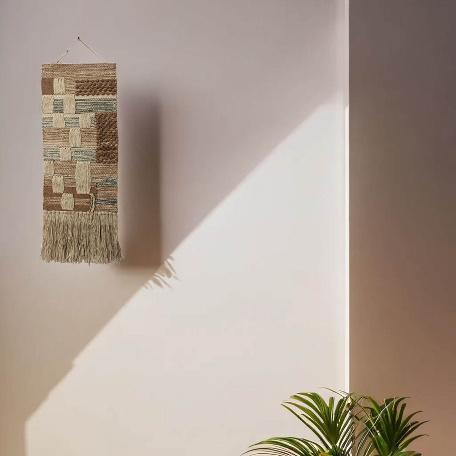 ArtistryBazaar Rustic Handwoven Wall Hanging with Earthy Tones and Fringe Details for Cozy Home Decor