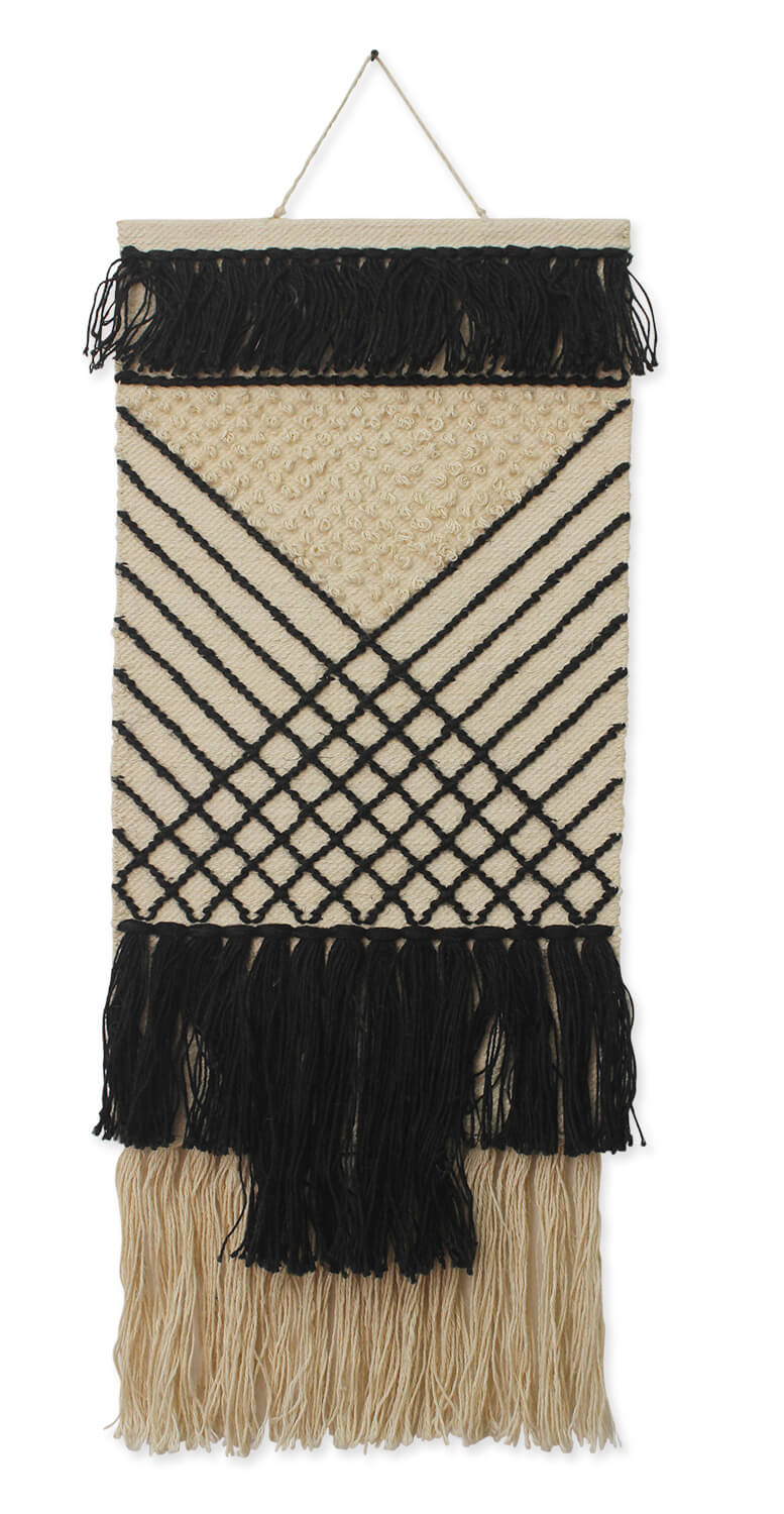 ArtistryBazaar Unique Hand Woven White & Black Color Jute Wall Hanging Home Décor in Criss Cross Pattern with Tassels