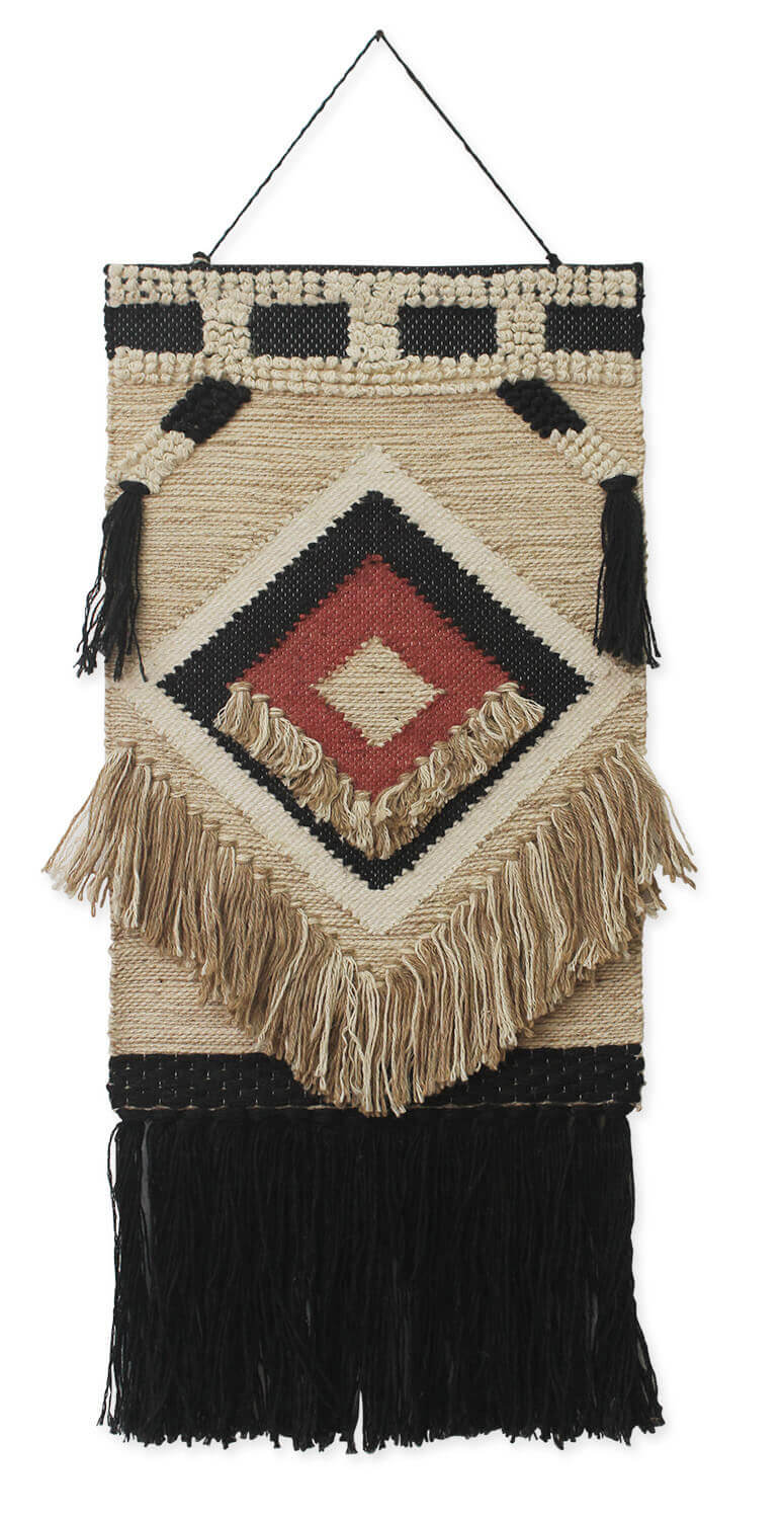 ArtistryBazaar Handcrafted Bohemian Design Woven Wall Hanging with Abstract Patterns and Fringe Accents for Modern Home Décor