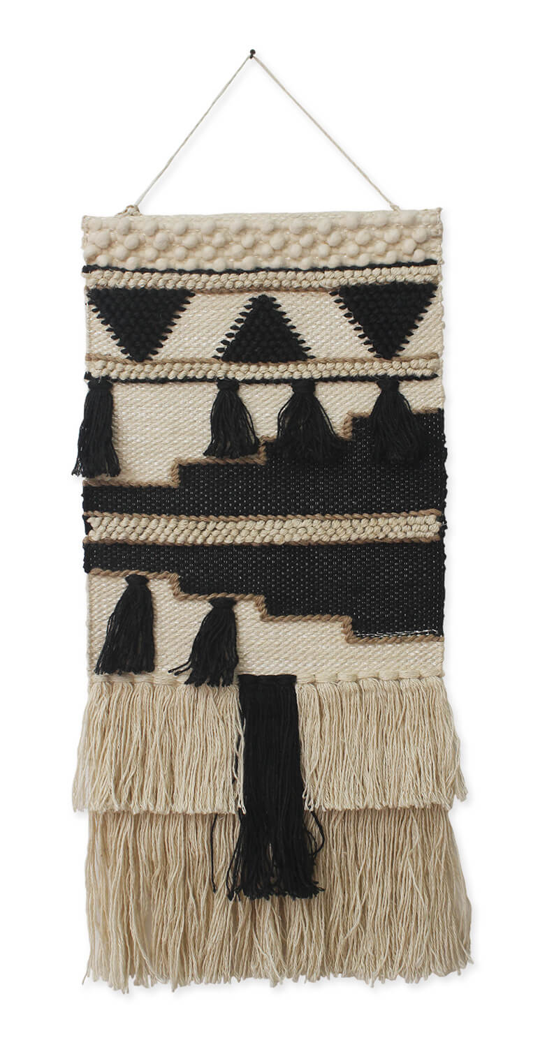 ArtistryBazaar Handwoven Tribal Wall Hanging in Wool and Jute with Geometric Patterns and Tassel Accents for Modern Boho Decor