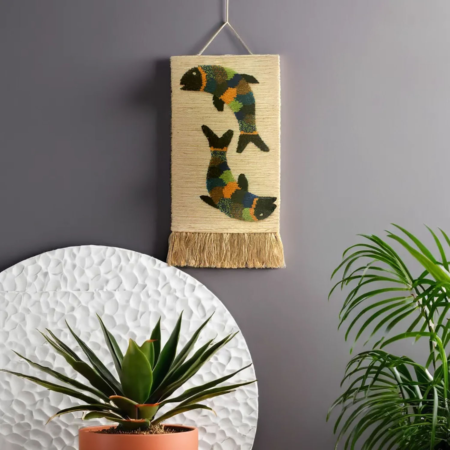 ArtistryBazaar Multicolored Textured  Handwoven Fish Design Jute Wall Hanging decor with Tassels for Home Decor