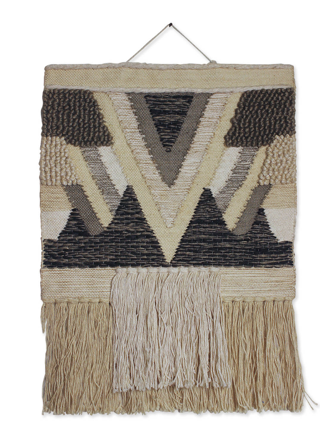 ArtistryBazaar Handcrafted Woven Jute Wall Hanging with Geometric Patterns and Fringe Accents for Modern Home Décor