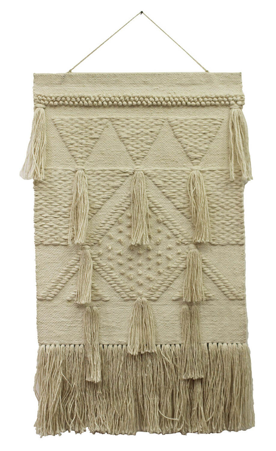 ArtistryBazaar Handwoven Cream Jute Wall Hanging with Textured Design and Tassels for Elegant Home Décor