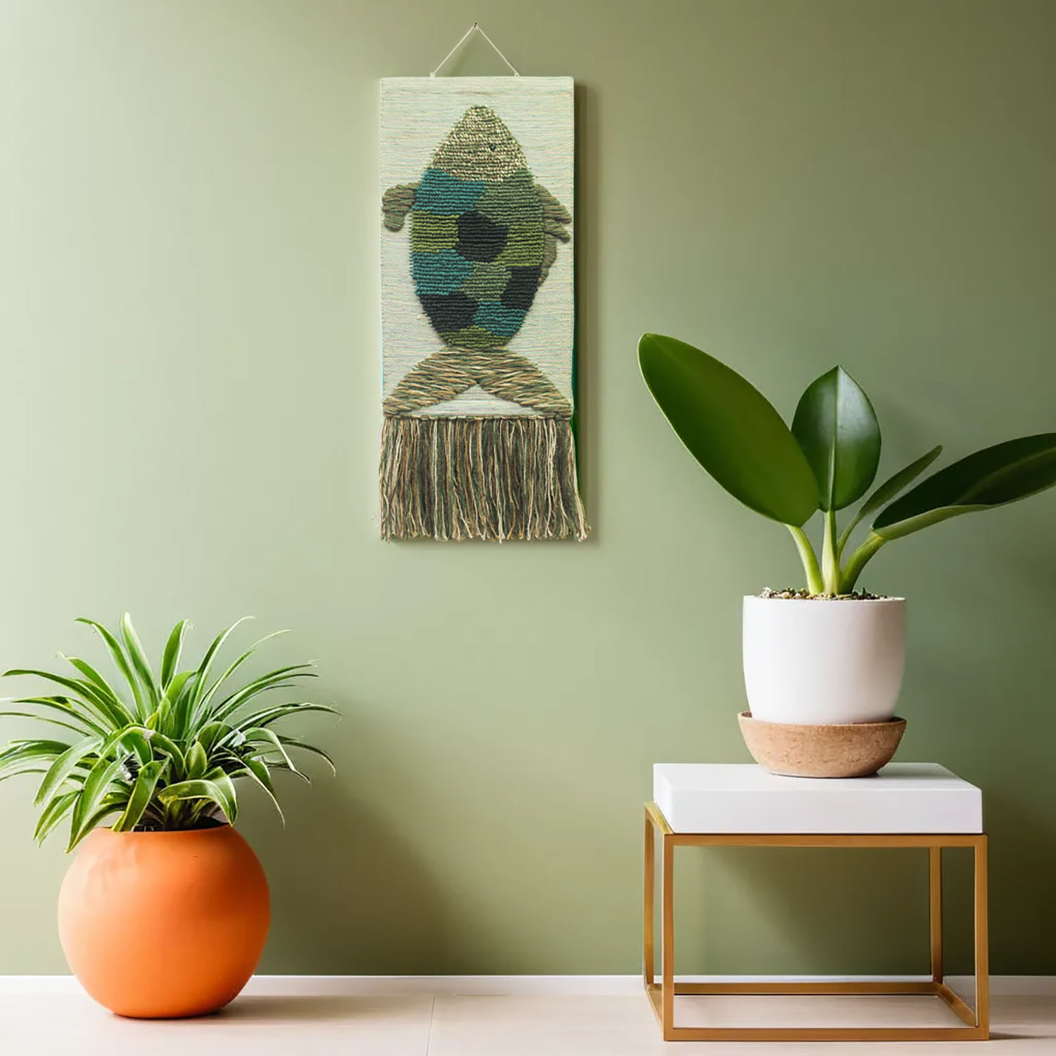 ArtistryBazaar Green Textured  Handwoven Fish Wall Hanging decor with Tassels