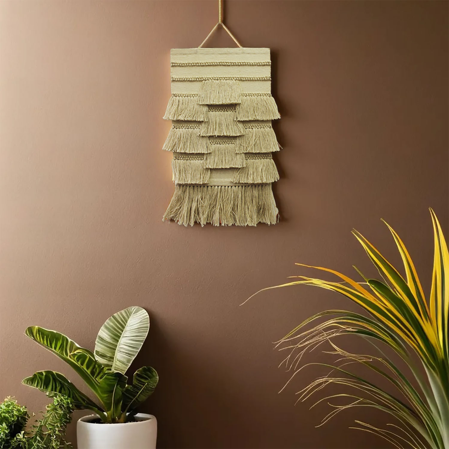 ArtistryBazaar Natural Hand Woven Jute Wall Hanging in Off White Color with Fringe and Bohemian Wall Art