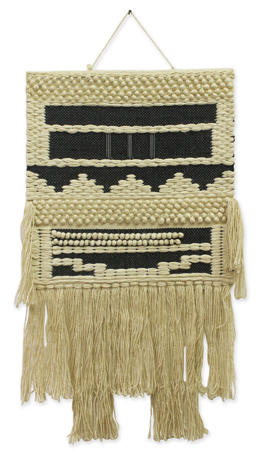 ArtistryBazaar Hand Woven Bohemian Inspired Modern Jute Wall Hanging Art  , Large Tassels, Beige & Black