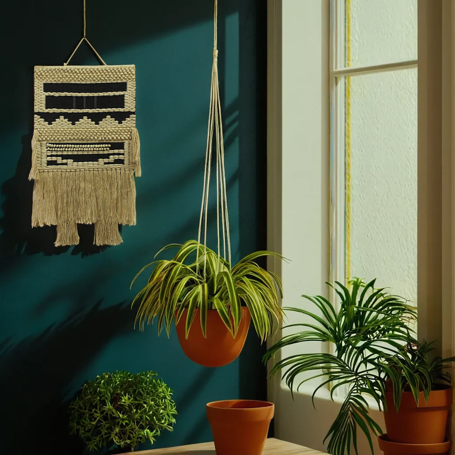 ArtistryBazaar Hand Woven Bohemian Inspired Modern Jute Wall Hanging Art  , Large Tassels, Beige & Black