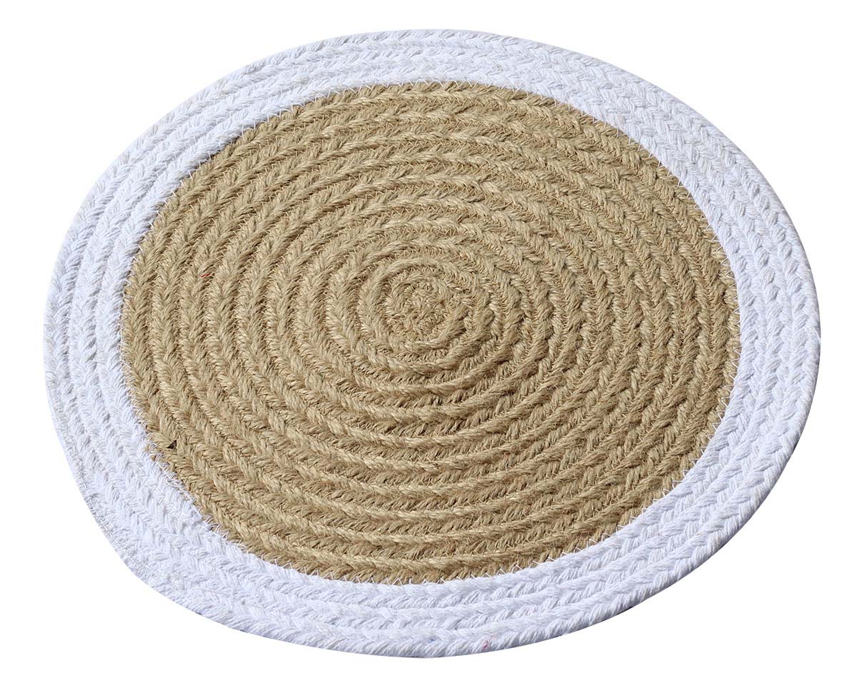 Buy in Bulk Wholesale Trivet/Placemat in White & Beige Color Circle Shaped - Handmade in Jute & Cotton - Dining Table Accessories