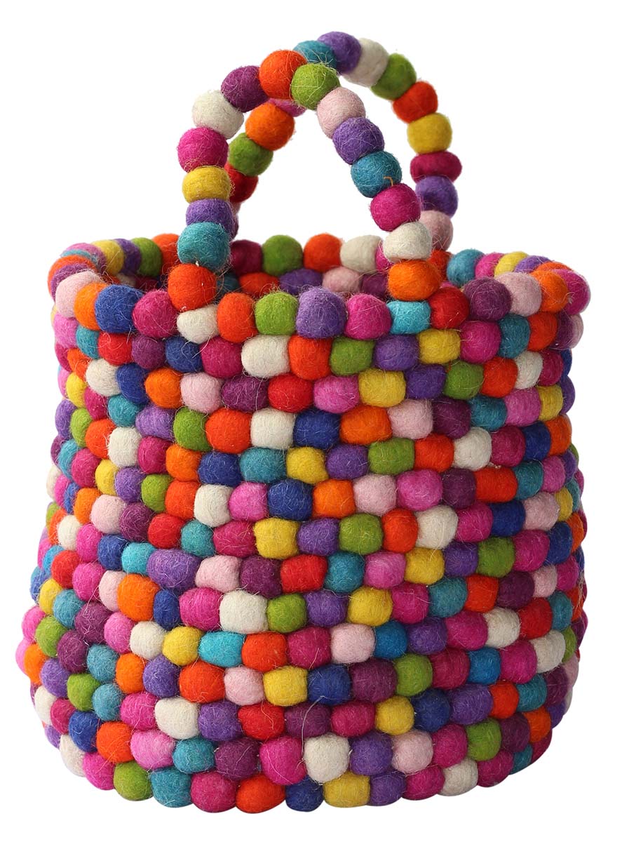 Multicolored Bag in Cylindrical Shape - Hand-Stitched Woolen Pompoms - Fashion Accessories - Buy in Bulk Wholesale